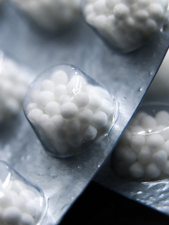 closeup shot of traditional homeopathy ball pills medicine in plastic tablet packageの写真素材