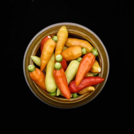 closeup shot of fresh organic hot chili peppers in red, orange and yellow colors stored in a traditional pot jar isolated in a black backgroundの写真素材