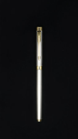 top view of a limited edition silver color business pen made of stainless steel isolated in a black backgroundの写真素材