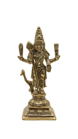 antique golden statue of hindu god of war subramanya, son of lord shiva with his peacock isolated in a white backgroundの写真素材