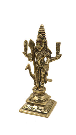 antique figure of hindu god of war subramanya, son of lord shiva with his animal, a peacock isolated in a white backgroundの写真素材