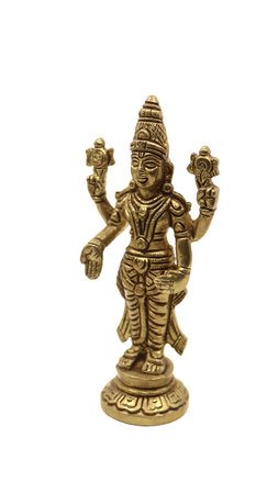 vintage brass handicraft idol of lord vishnu standing with multiple hands isolated in a white backgroundの写真素材