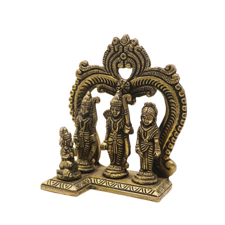 brass handcrafted statue of ram darbar with lord ram lakshman and sita devi along with hanuman isolated in a white backgroundの写真素材