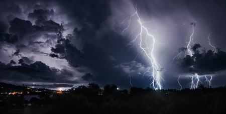 Beautiful thunderstorm with lightning bolts on the Thai island of Koh Samuiの写真素材