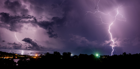 Beautiful thunderstorm with lightning bolts on the Thai island of Koh Samuiの写真素材