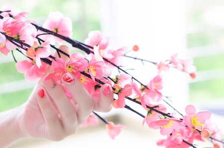 Artificial cherry tree branch in a woman hand with a tender pink nail designの写真素材