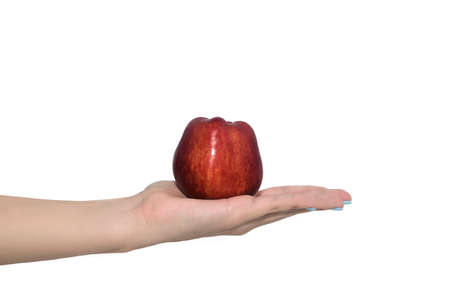 Red apple in woman hand on white backgroundの写真素材