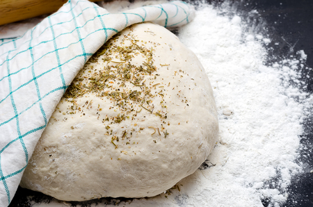 Dough with heabs for bread on tableの写真素材