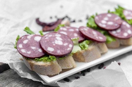 Open sandwich with salami and salad on white plate,の写真素材