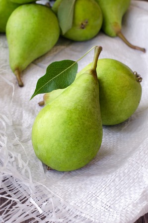 Healthy organic green pears on. Close up photo.の写真素材