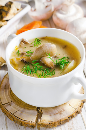Mushroom soup with dill in white plate.の写真素材