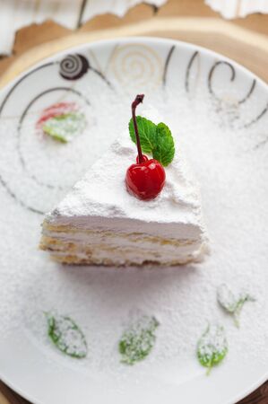 Piece of coconut cake on white plate. Top view.の写真素材