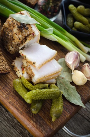Salted lard with spices, vegetables and brown bread.の写真素材