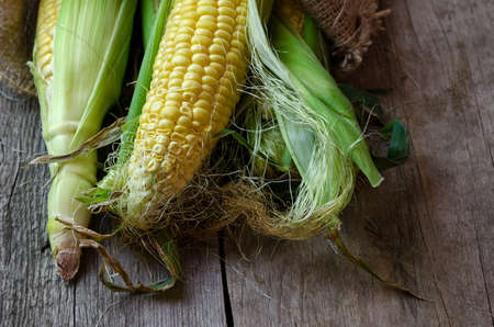 Fresh corn on cobs on wooden table. Close up.の写真素材