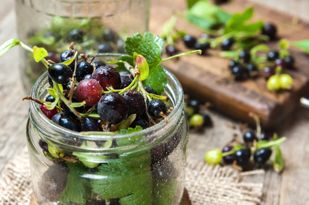 Black currant on wooden table with leaf sprig.の写真素材