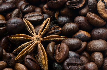 Coffee beans and anise star, closeup photo.の写真素材