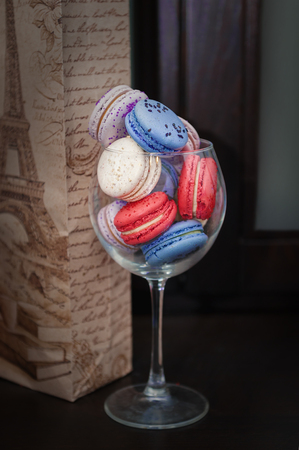 Blue and pink macaroons in a glass. Decor for party.の写真素材