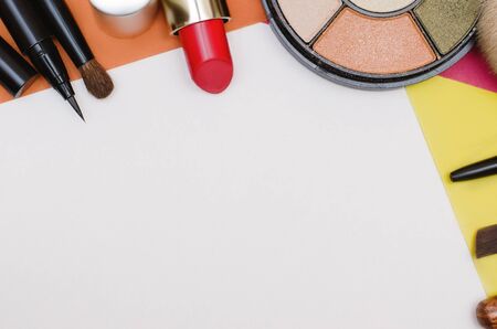 Makeup tools. Brushes and eyeshadow. Horizontal frameの写真素材