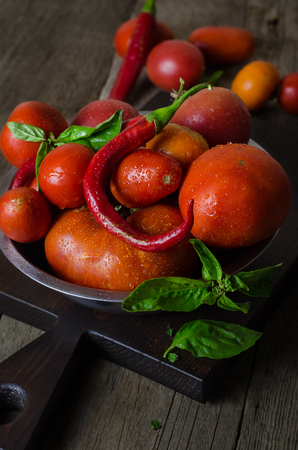 Red ripe tomatoes with peppers and basil on dark wooden background.の写真素材