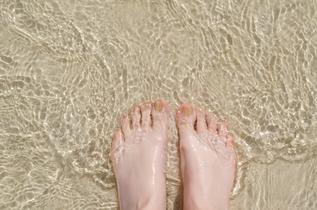 Top view of female feet under clear water.の写真素材