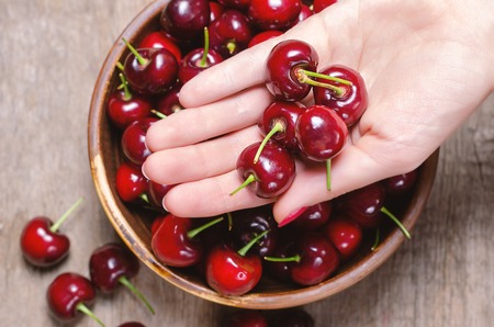 Fresh cherry in female hand. Close up.の写真素材