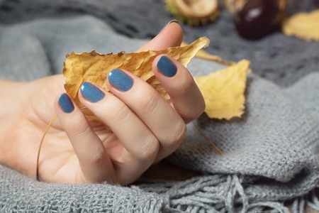 Female hand with dark blue design holding yellow leaves.の写真素材