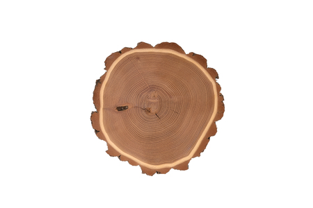 Old round wooden cutting board, top view, isolatedの写真素材
