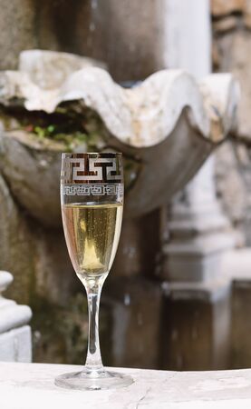 Glass of champagne and fountain in the backgroundの写真素材