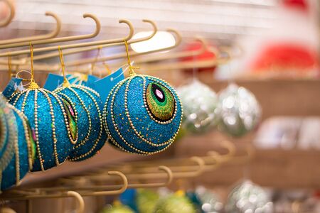 Glass ball for christmas tree decoration for sale. Buy xmas traditional decor toys. Blue new year tree decoration toysの写真素材