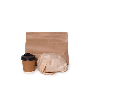 Isolated fast food delivery. Coffee, burger, paper package isolated on white background