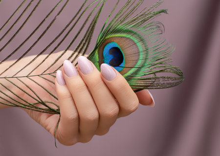Female hand with pink nail design. Female hand holding peacock feather. Pink nail polish manicure.の写真素材