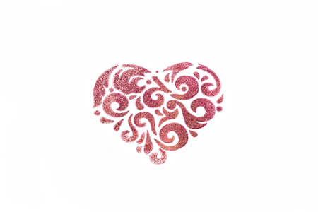Red sparkles heart on white background. Valentines day greeting card design concept. Heart symbol...