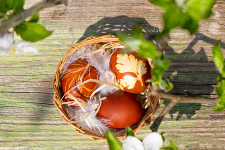 Basket with easter decorated brown eggs with apricot white and pink flowers. holiday background....