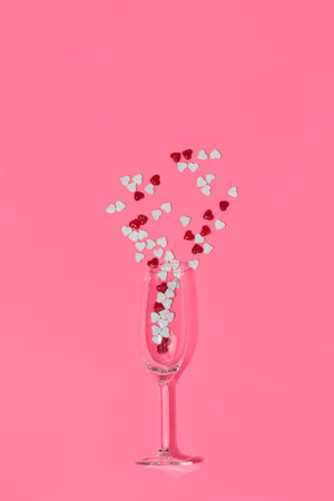 Heart shaped candies in glass top view. Valentine's day candies in champagne glass. Heart shaped...