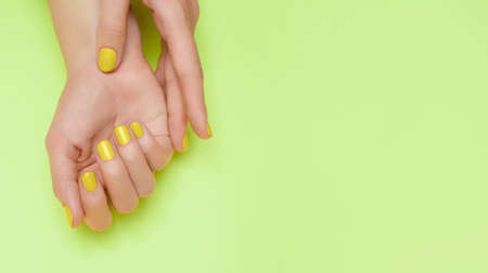Female hands with yellow nail design. Yellow nail polish manicure. Female hands on green background. copy spaceの写真素材