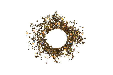 Dry tea circle isolated on white background. Circle of dried tea buds with copy space insideの写真素材