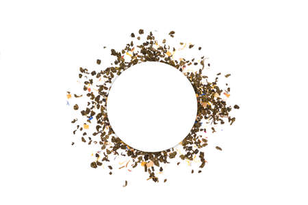 Dry tea circle isolated on white background. Circle of dried tea buds with copy space insideの写真素材