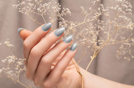 Female hand with glitter silver nail design. Female hand hold dry autumn flower. Woman hand on beige fabric backgroundの写真素材