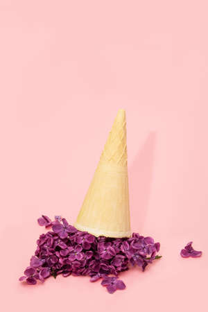 Ice cream of burgundy lilac flowers in waffle cone thrown away on pink background. Floral ice cream conceptの写真素材