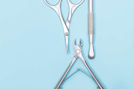 Top view on manicure equipment set. female nail care equipment. Manicure and pedicure equipment on...