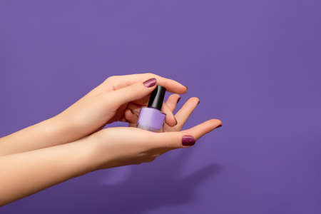 Female hands with red nail design. Glitter red nail polish manicure. Female hands hold purple nail...
