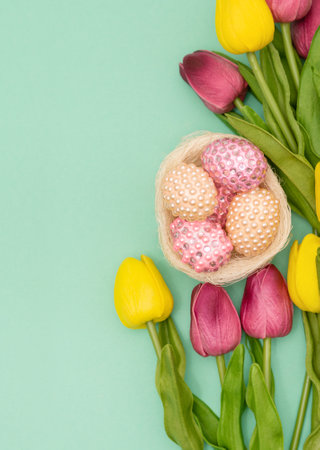 Easter eggs decorated with pink gems and tulip flowers on green background. Easter postcard with...