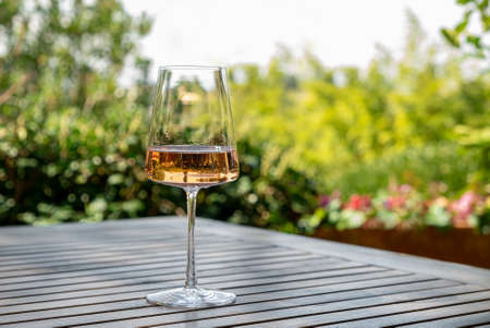 Glass of tasty wine on a wooden table in spring Italian garden. Outdoor wine tasting in Italyの写真素材