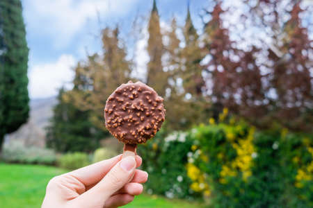Female hand holding round chocolate ice cream with nuts on light nature background. Natural ice...