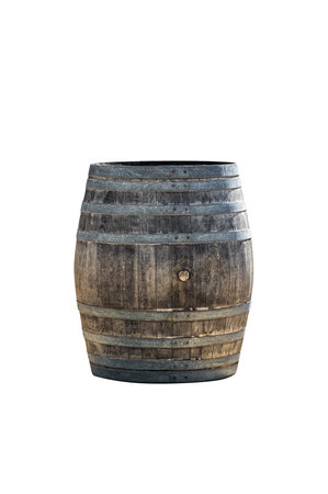 Large rusty wooden barrel with wine or beer isolated on a white background. Old barrel for use in design. Design object.の写真素材
