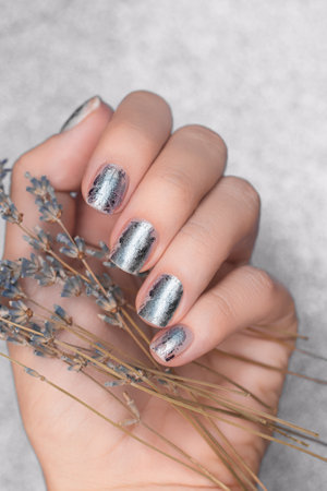 Female hand with winder nail design. Glitter silver nail polish manicure. Female model hand with perfect manicure hold blue dried flowers on white blurry backgroundの写真素材