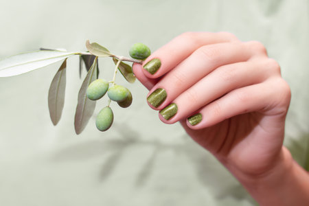 Female hand with olive nail design. Glitter green nail polish manicure. Female hand hold green olive branch on light green background. Copy space. Place for text.の写真素材