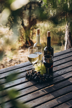 White and red wine bottles standing on wooden table. Wine bottles, sweet grapes and wine glasses in...