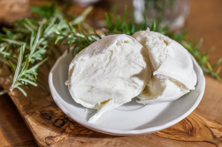 Piece of shredded mozzarella cheese. Top italian cheeses - Mozzarella Cheese. Ball of mozzarella Buffalo or buratta shredded on white plate with rosemary. Mozarella cheese.の写真素材