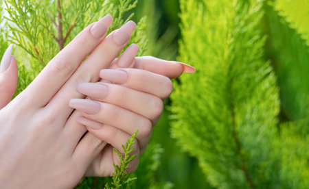 Female hands with beige nail design at sunny day. Mate beige nail polish manicure. Female model hands with perfect beige manicure on green floral nature background. Summer vacation manicure.の写真素材